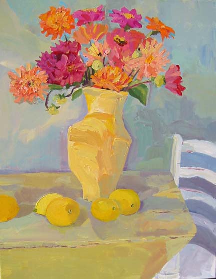 Dahlias in Yellow Vase