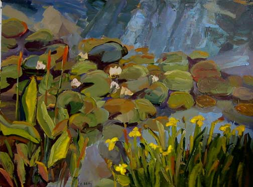 Lily Pond with Yellow Iris