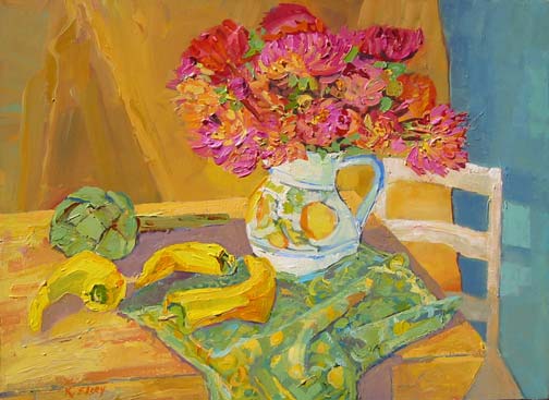 Santa Barbara Painting Workshop Kathleen Elsey Fauve paintingDahlias with Yellow Peppers